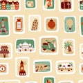 Seamless pattern stamps, postage stamp with colorful travel elements. Hand drawn vector illustration Royalty Free Stock Photo